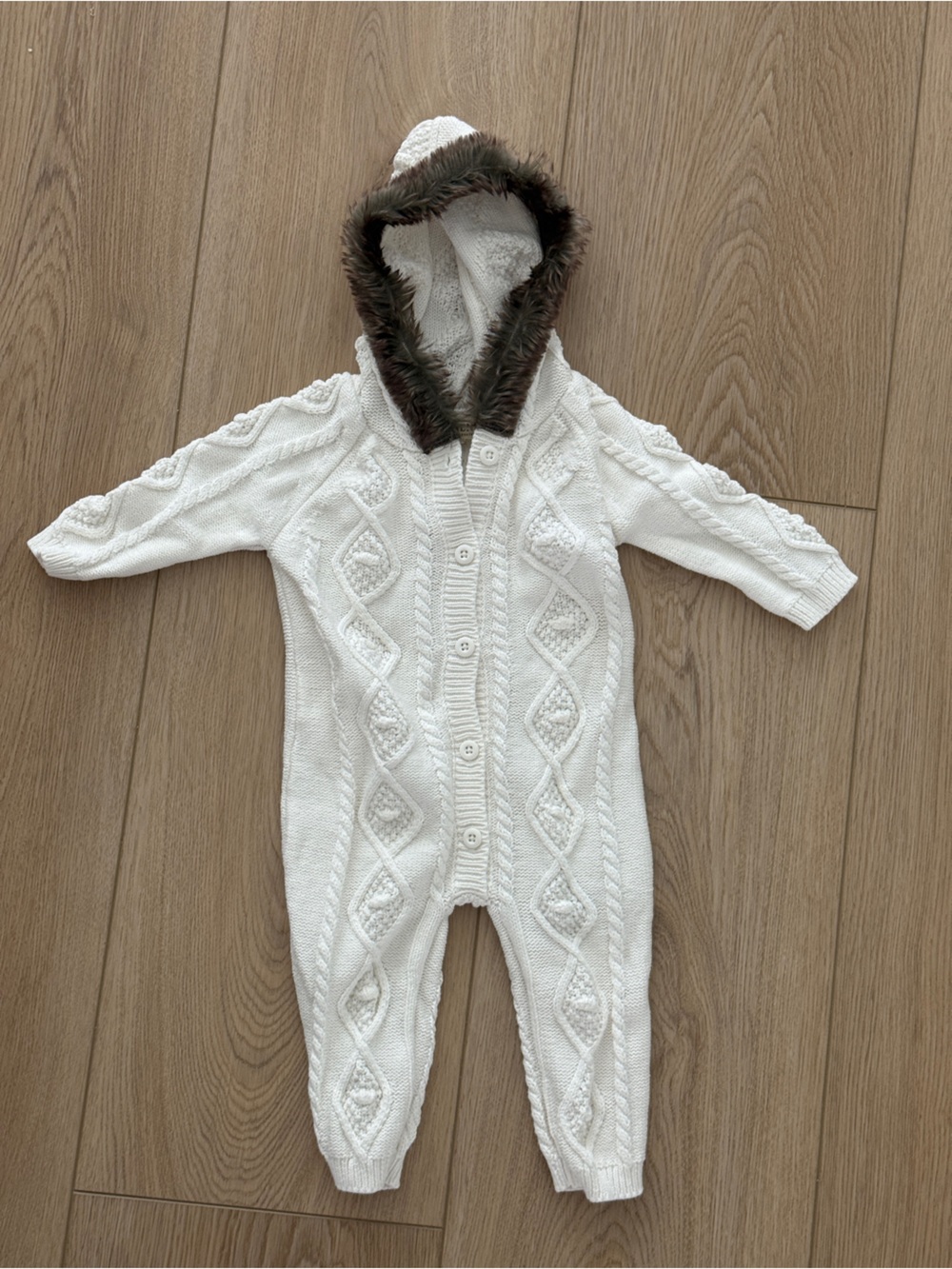 Cozy Cream Cable Knit Baby Romper with Faux Fur Hood